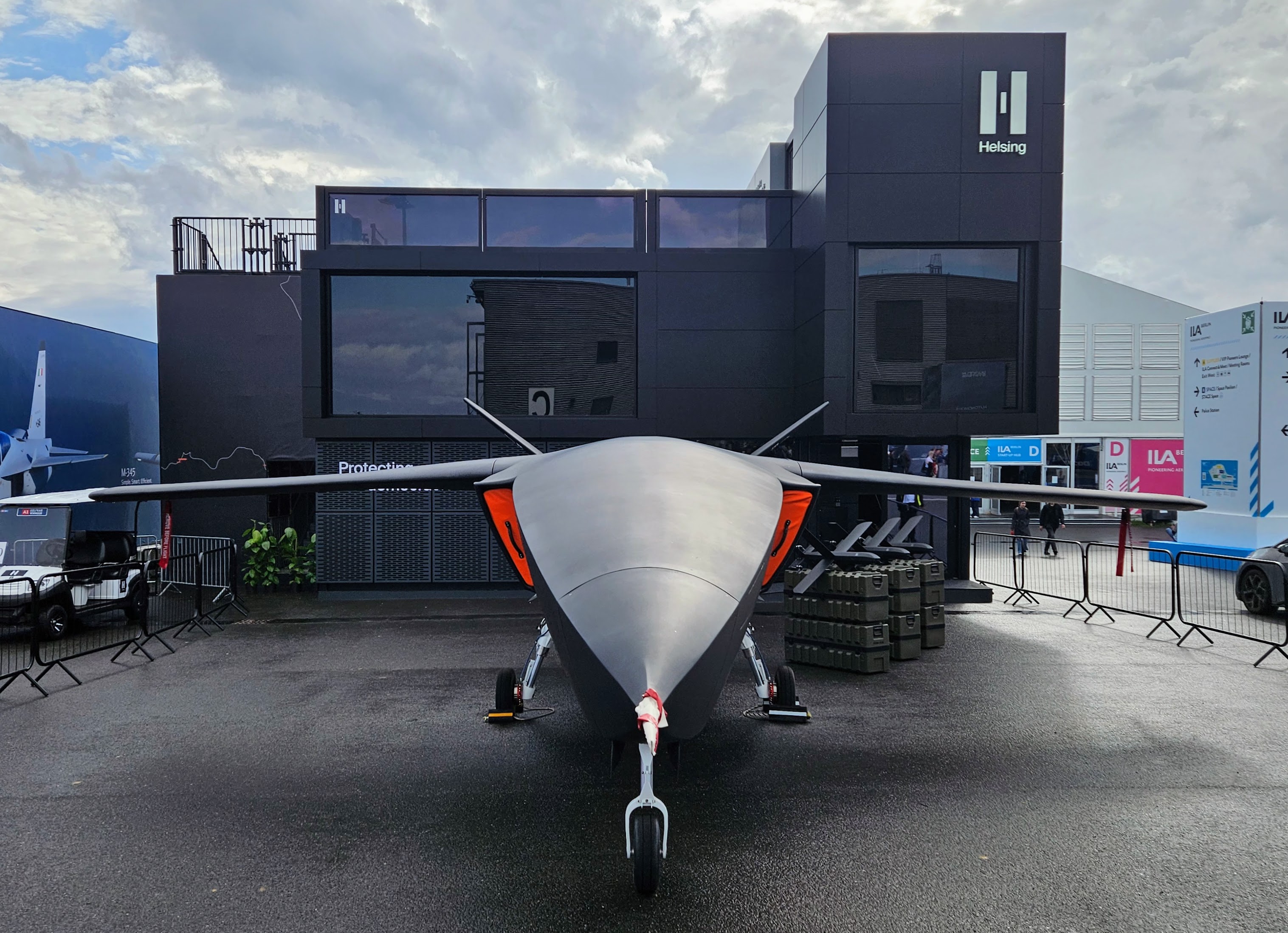 Full-scale CA-1 Europa mock-up outside the Helsing chalet at ILA Berlin 2026.