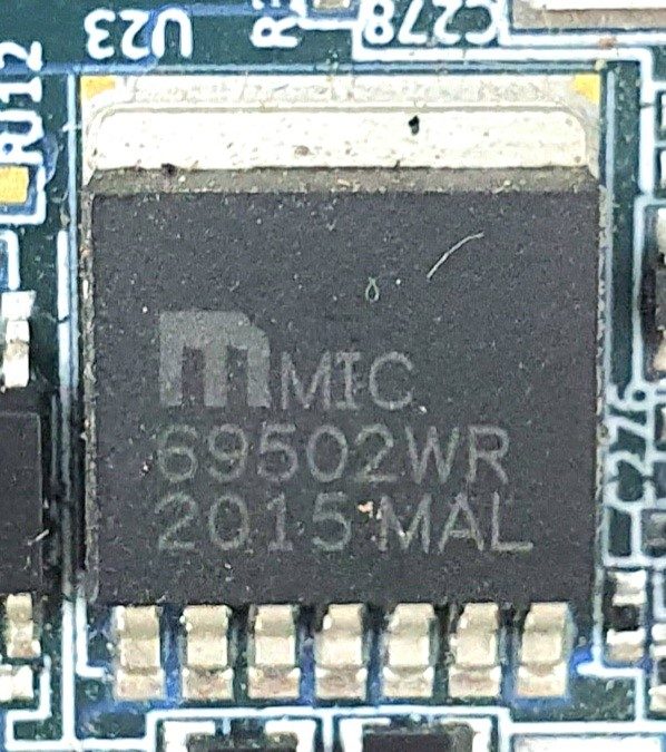 Linear stabilizer for 5A, marked MIC69502WR (2015 MAL)