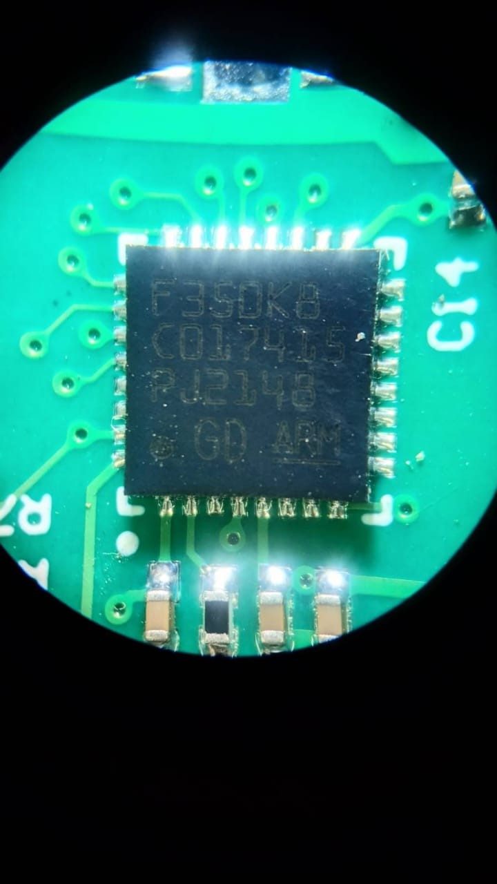 32-bit microcontroller with ARM architecture on the Cortex-M4 core (F3xx series), marked RM F350K8 C017415 PJ2148 GD ARM