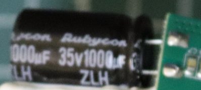 Electrolytic capacitor, marked Rubycon 35v1000mkF ZLH