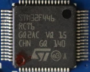 Microcontroller based on the ARM Cortex-M4 core with a frequency of 180 MHz, marked STM32F446 RCT6 GQ2AC VQ 15 CHN GQ 140