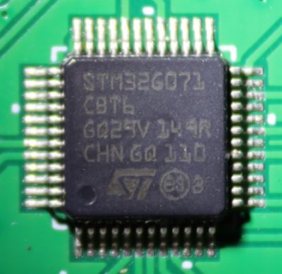 32-bit 64 MHz microcontroller based on ARM Cortex M0+ RISC, marked STM32G071 CBT6 GQ24V 149R CHN GQ 110