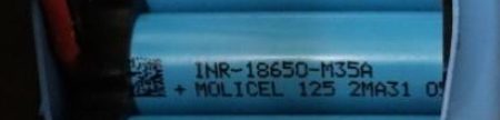 Li-Ion cell: INR-18650-M35A type 18650, marked INR-18650-M35A MOLICEL 125 2MA31 05