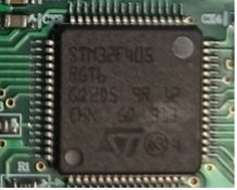 Microcontroller, marked STM32F405 RGT6 GQ205 9R 12 CHN GQ 313
