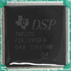 A 32-bit real-time microcontroller for signal processing, marked TMS320 F28335PGFA G4A-22AXTHW G4