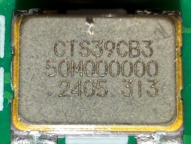 Clock oscillator 50MHz, marked CTS39CB3 50M000000 2405 3I3