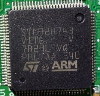 A 32-bit microcontroller, marked STM32H743VIT6 7B29L VQ PHL AA 340