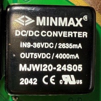 DC/DC converter, marked IN9-36VDC/2635 mA OUT5VDC/4000 Ma MJWI20-24s05 2042