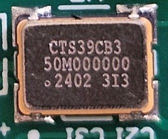 Clock oscillator 50MHz, marked CTS39CB3 50M000000 2402 3I3