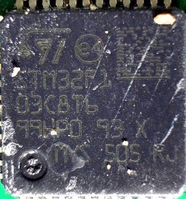 Microcontroller, marked STM32F1 03C8T6 99HPO 93 X MYS 505 RJ