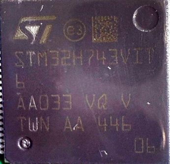 Microcontroller, marked STM32H743VIT 6 AA033 VQ V TWN AA 446