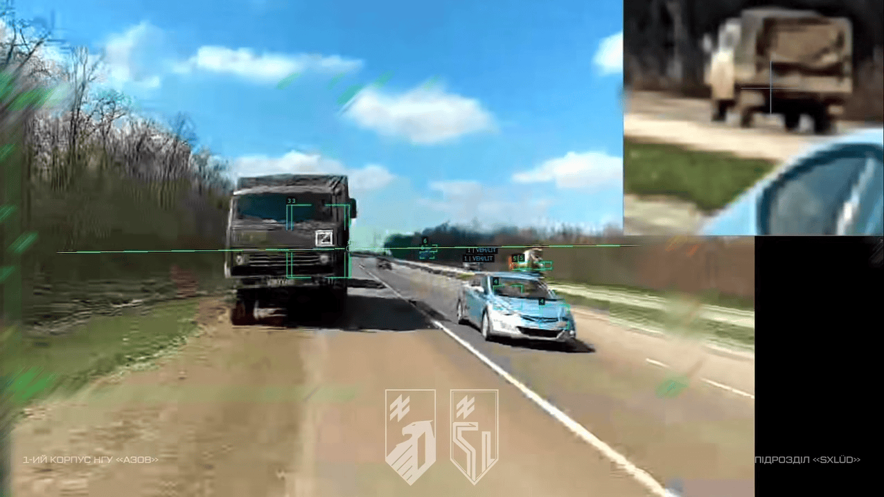 A Russian truck struck by a Hornet kamikaze drone.