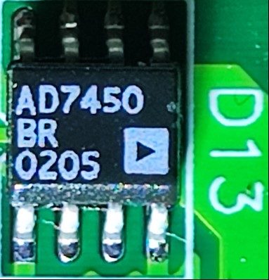 12-bit ADC with differential input, marked AD7450 BR 0205