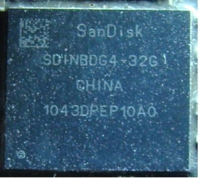 Embedded flash device, marked SanDisk SDINBDG4+32G CHINA 1043DREP10A0