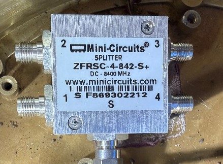 Radio frequency splitter, marked MINI-CIRCUITS SPLITER ZFRCS-4-842-S+