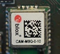 u-blox omnidirectional antenna module, marked M8 GNSS CAM-M8Q-0-10